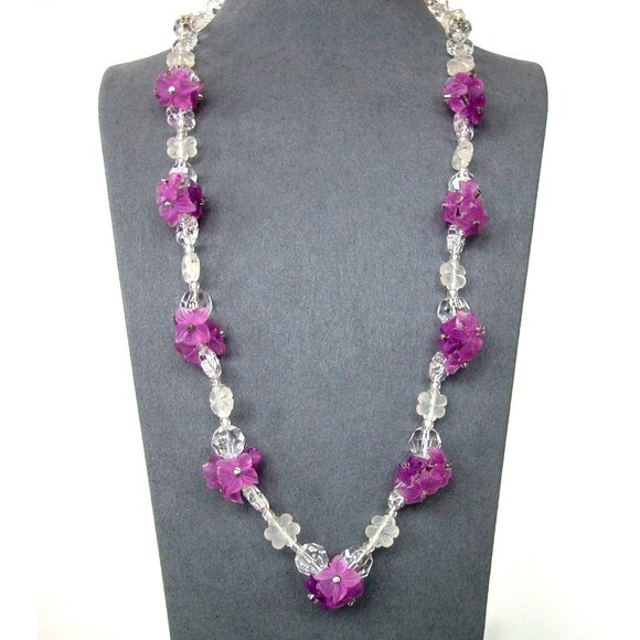 Vintage Clear & Purple ACRYLIC  Floral Beaded Necklace & Spring Ring Clasp - Picture 1 of 4